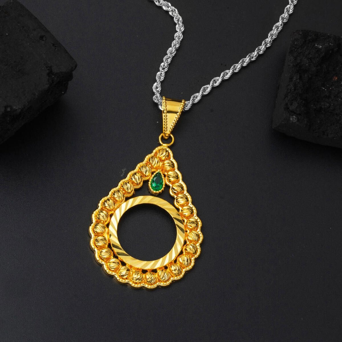 14K Yellow Gold Quarter Coin Attachable Gold Bead Cubic Zirconia Pendant