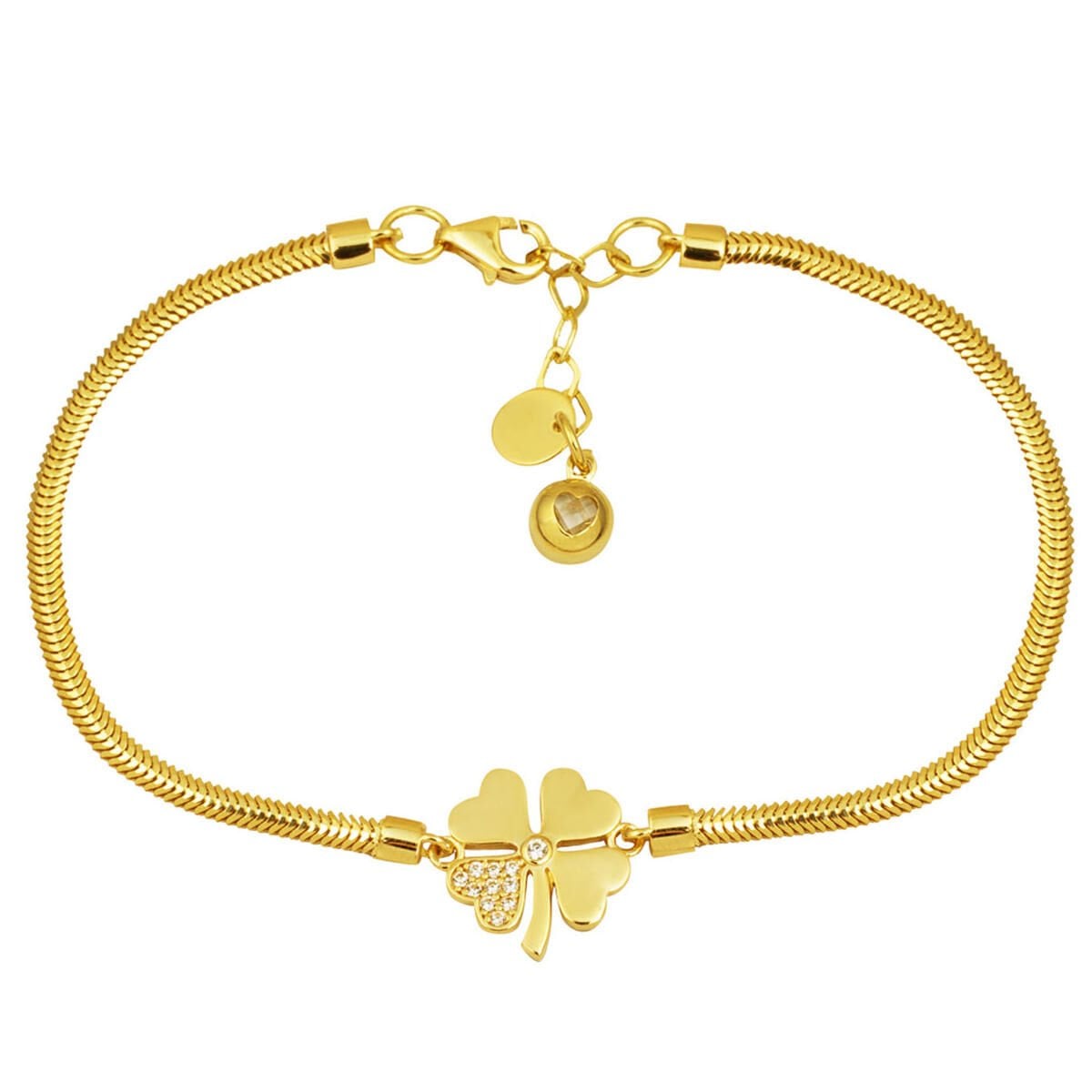 14K Yellow Gold Clover Herringbone Cubic Zirconia Bracelet