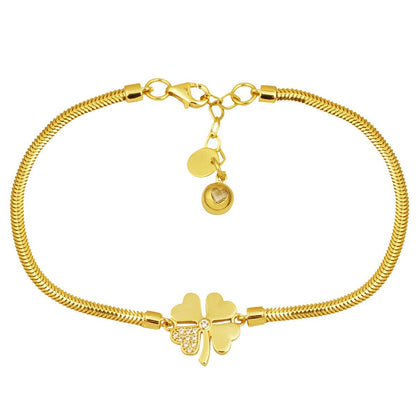 14K Yellow Gold Clover Herringbone Cubic Zirconia Bracelet