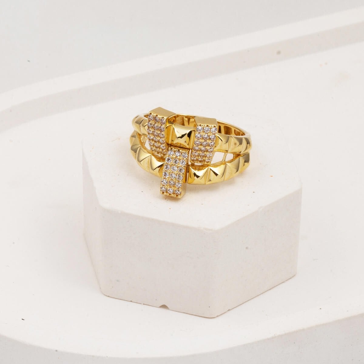14K Yellow Gold Italian Modern Cubic Zirconia Ring
