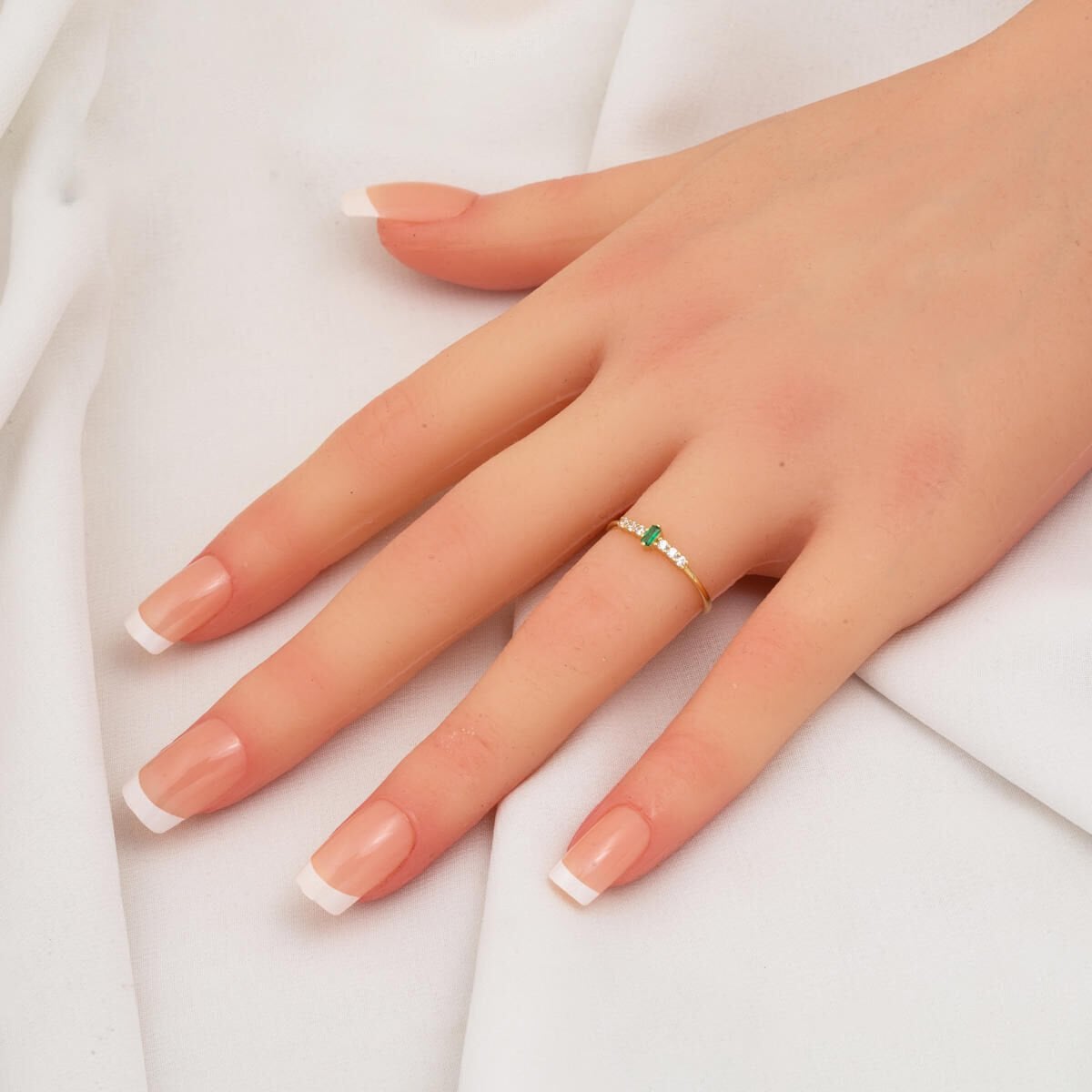 14K Yellow Gold Green Baguette Solitaire Cubic Zirconia Ring