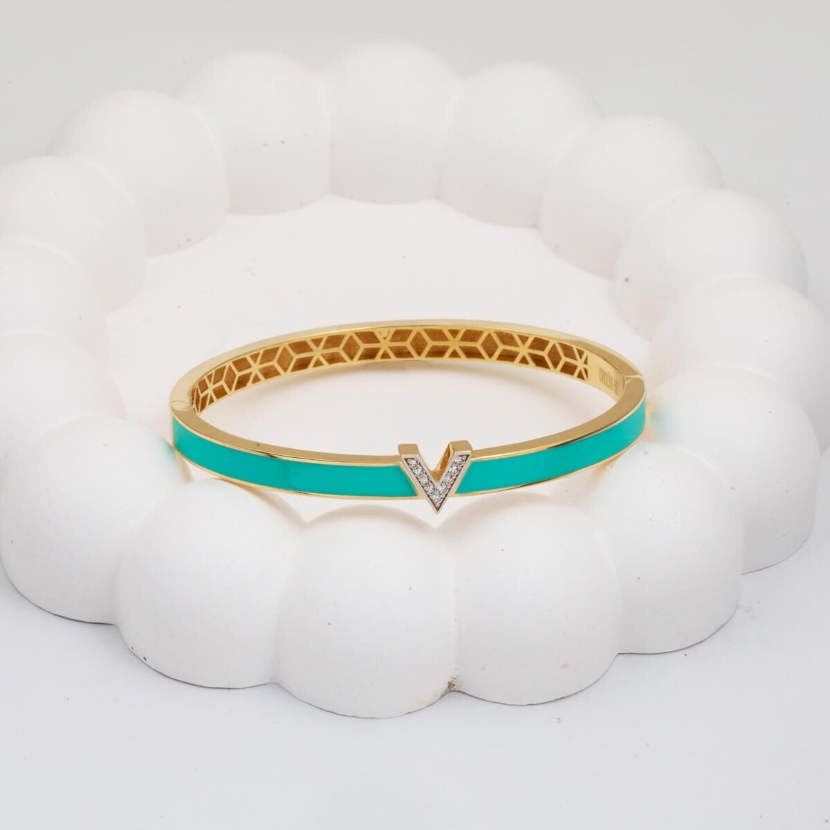 14K Yellow Gold Designer Inspired Turquoise Colored Hinged Cuff