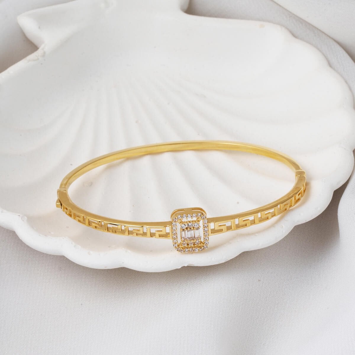 14K Yellow Gold Designer Inspired Baguette Cubic Zirconia Hinged Cuff Bangle