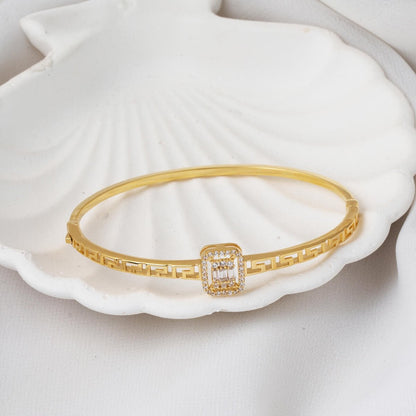 14K Yellow Gold Designer Inspired Baguette Cubic Zirconia Hinged Cuff Bangle