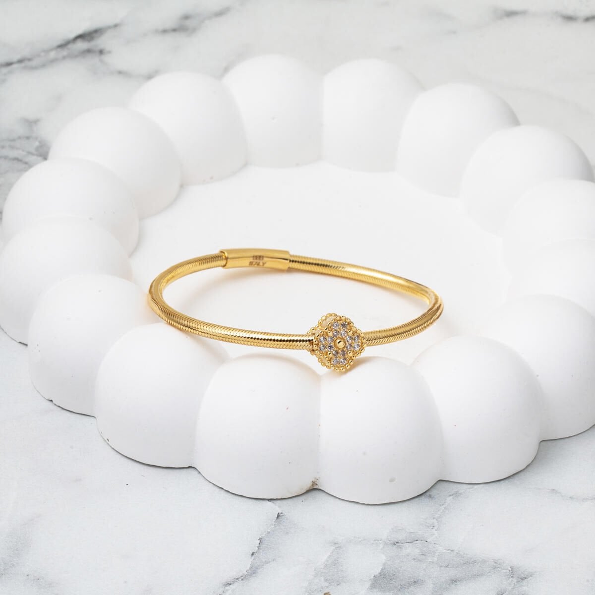 14K Yellow Gold Clover Flexible Italian Cubic Zirconia ID Bracelet