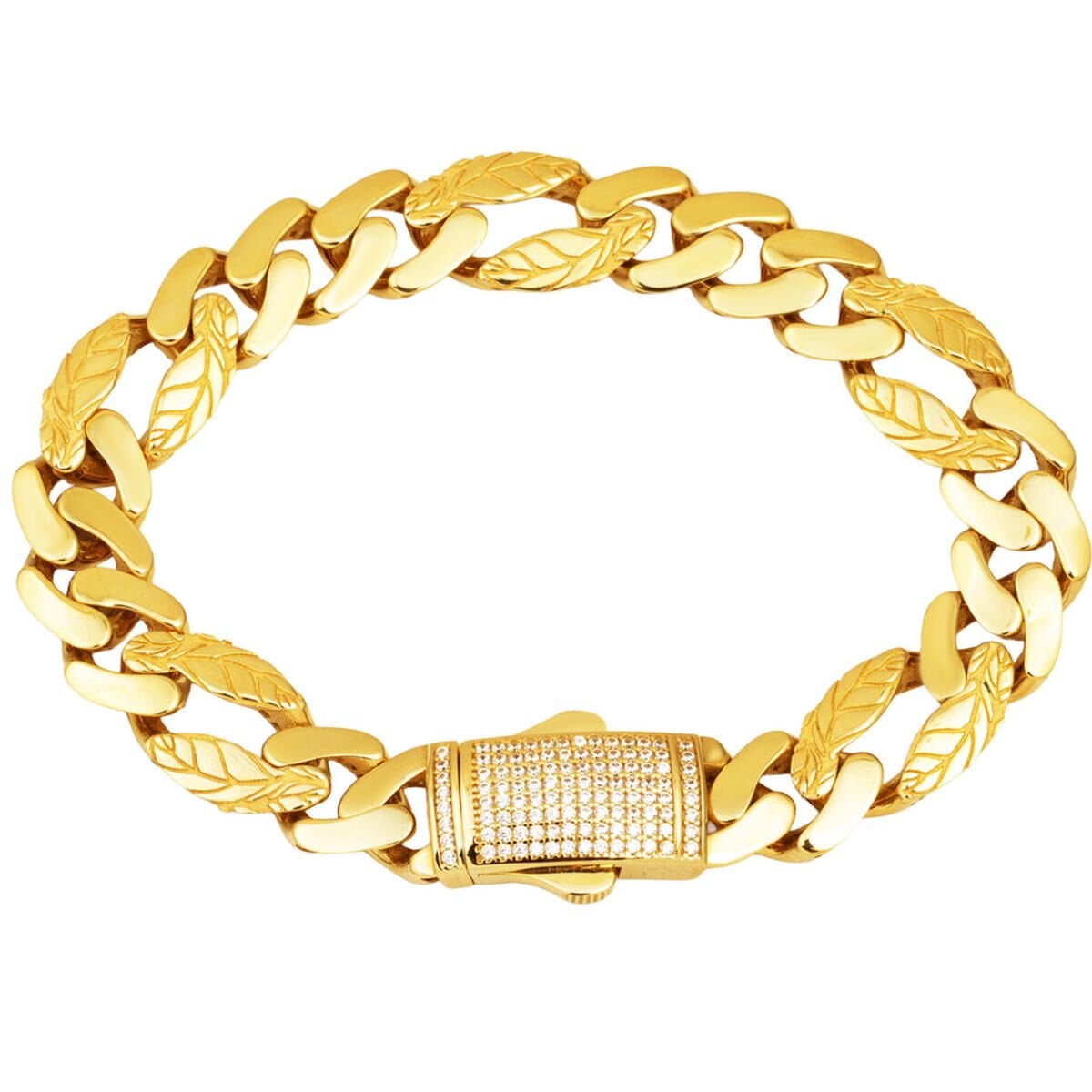14K Yellow Gold Leaf Curb Cubic Zirconia Bracelet