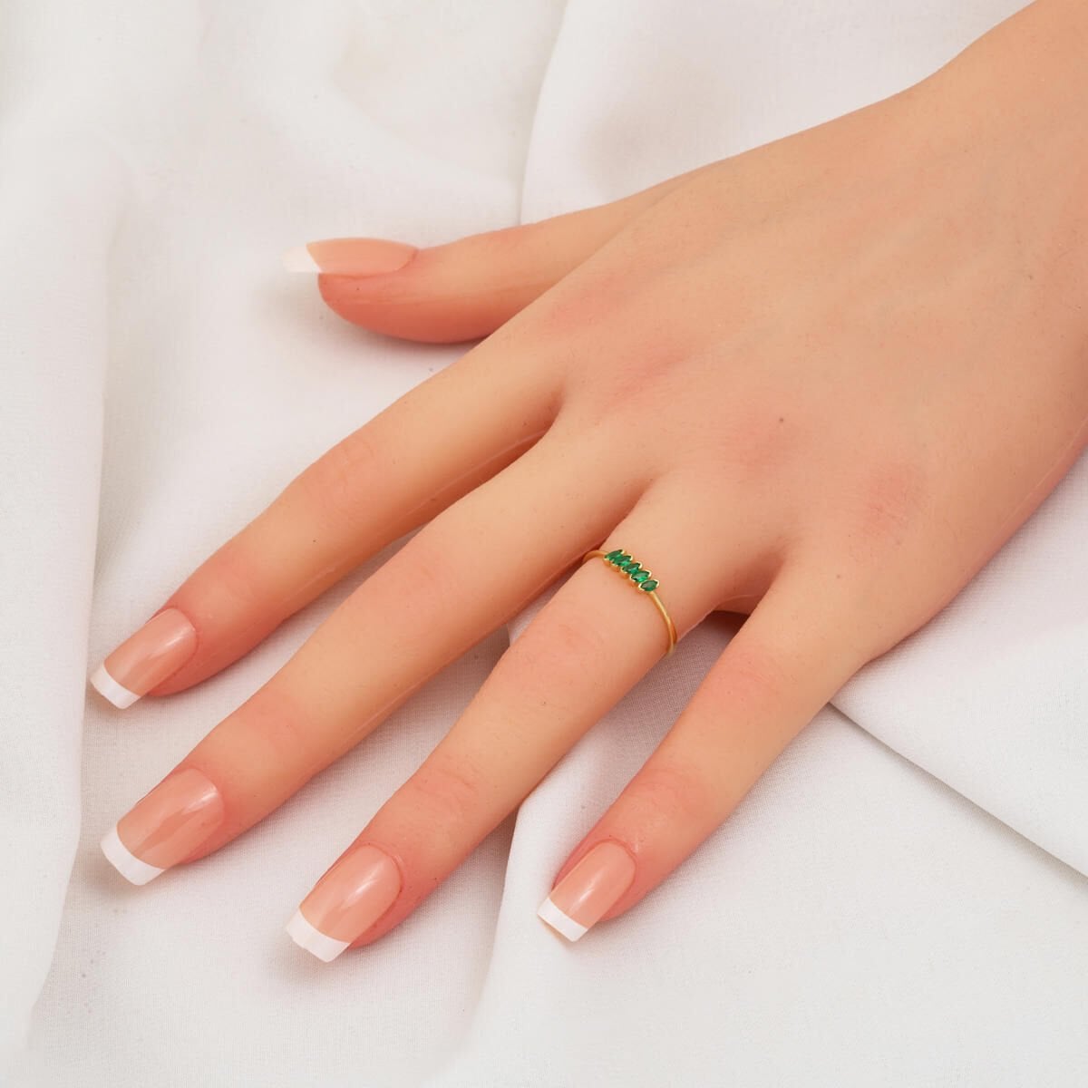 14K Yellow Gold Green Minimalist Five Stone Cubic Zirconia Ring