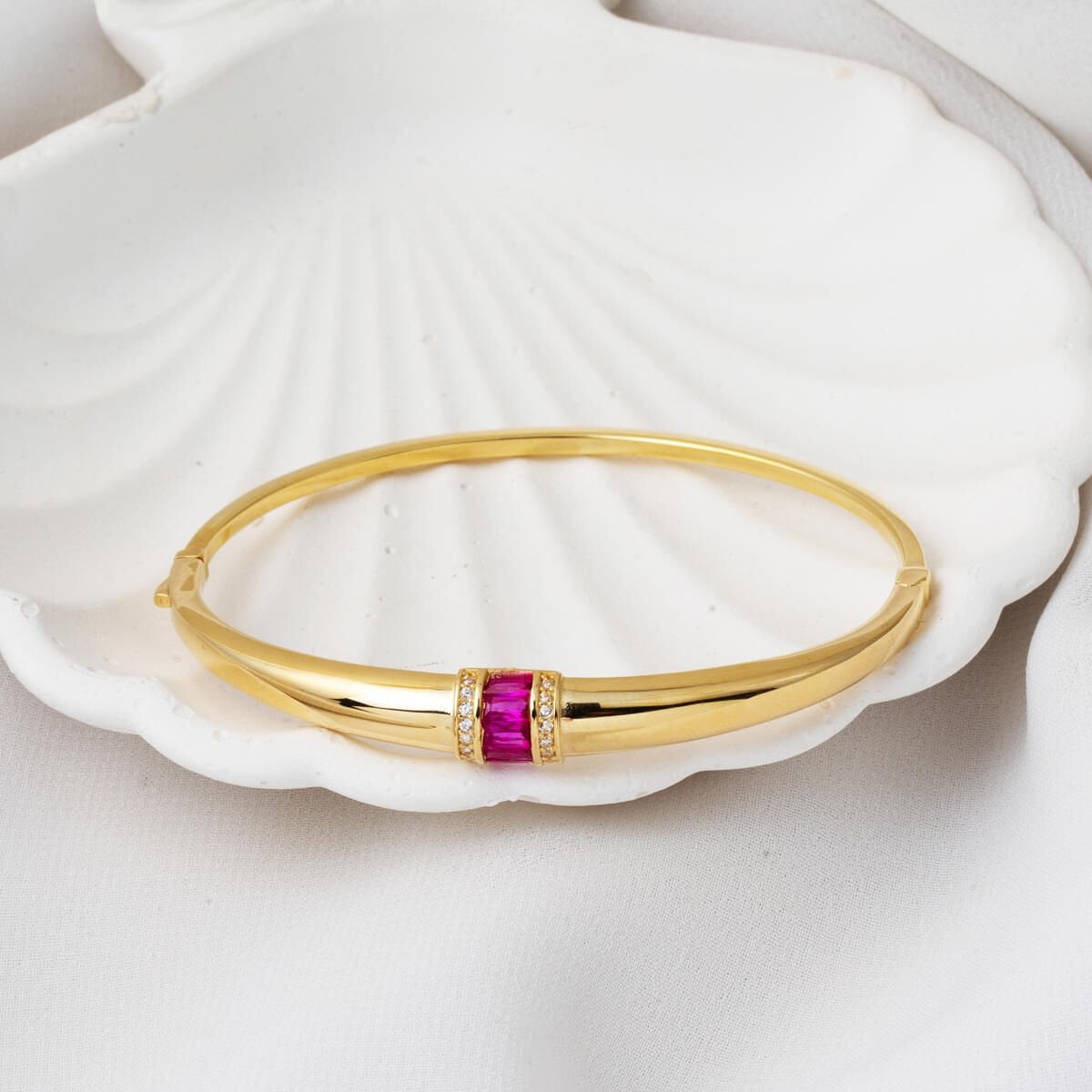 14K Pink Colored Gold Leaf Hinged Cuff Cubic Zirconia Bangle
