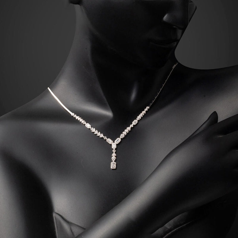14K White Gold Baguette Tennis Cubic Zirconia Collar Necklace
