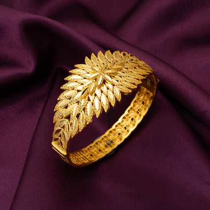 14K Yellow Gold Leaf Hinged Cuff Bangle
