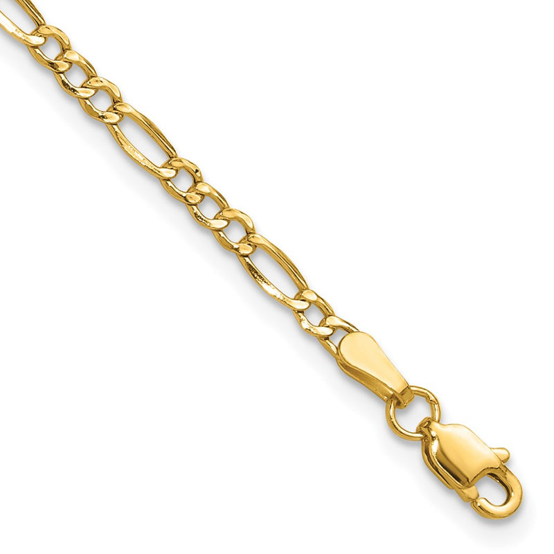 7 Inch 14K Yellow Gold 2.5mm Semi Solid Figaro Chain Bracelet