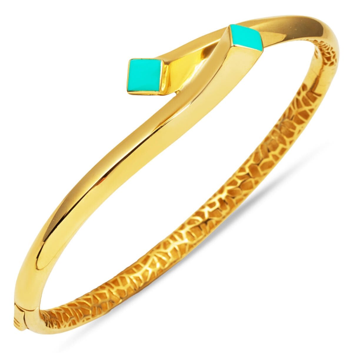 14K Yellow Gold Neva Colored Enamel Turquoise Hinged Cuff Bangle