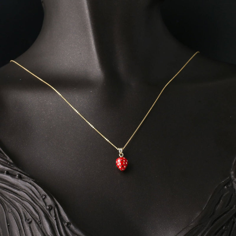 14K Yellow Gold Strawberry Enamel Necklace