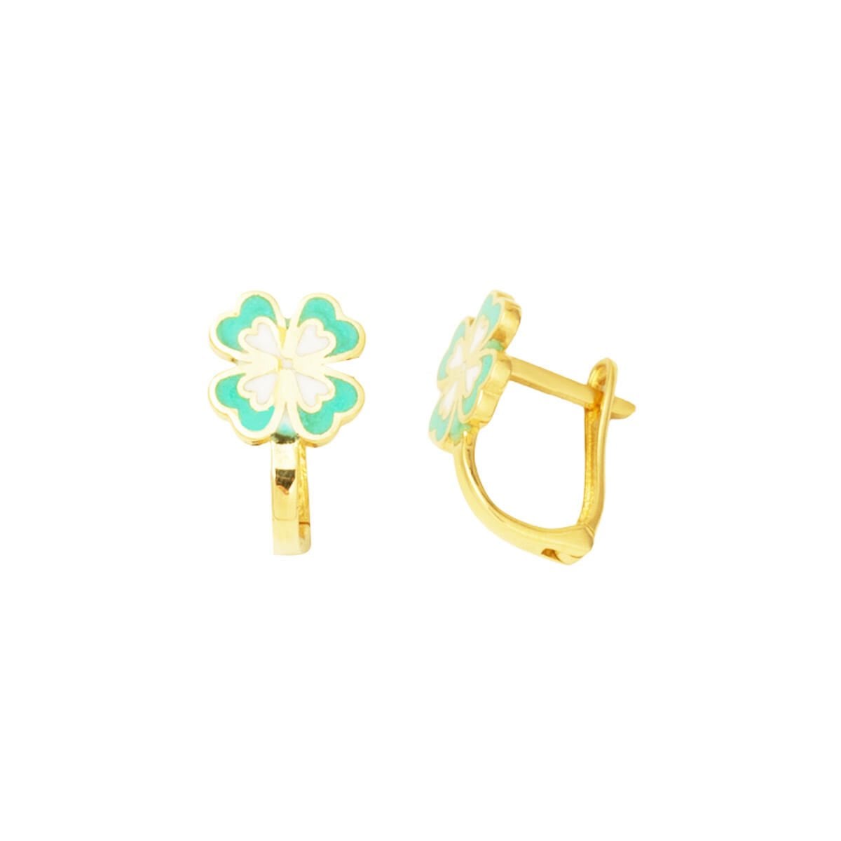 14K Yellow Gold Water Green Clover Enamel Children's Earrings