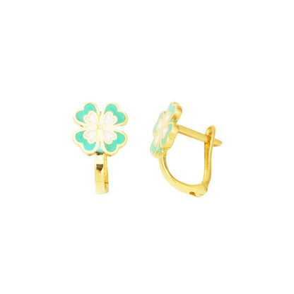 14K Yellow Gold Water Green Clover Enamel Children's Earrings