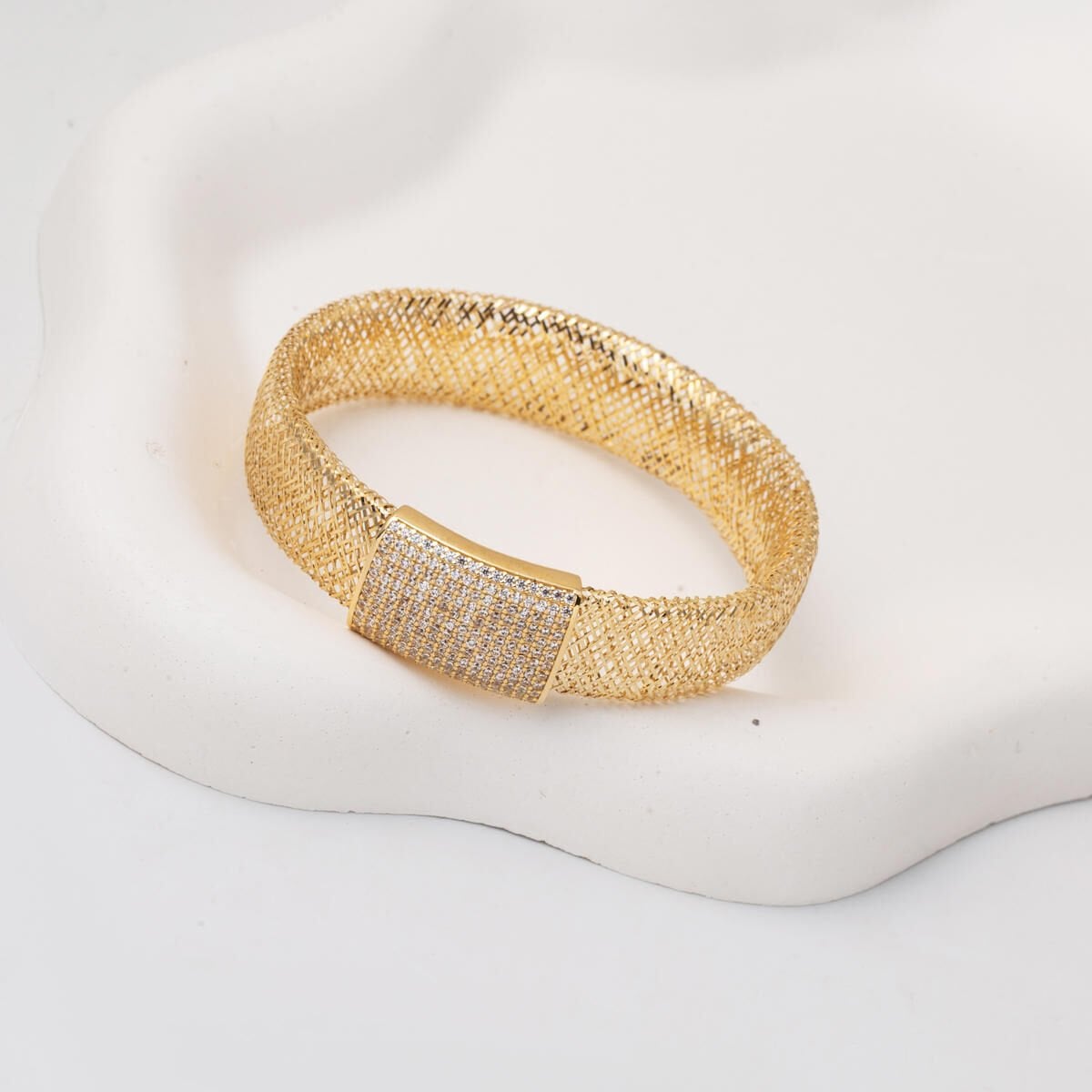 14K Yellow Gold Italian Mesh Cubic Zirconia Bracelet