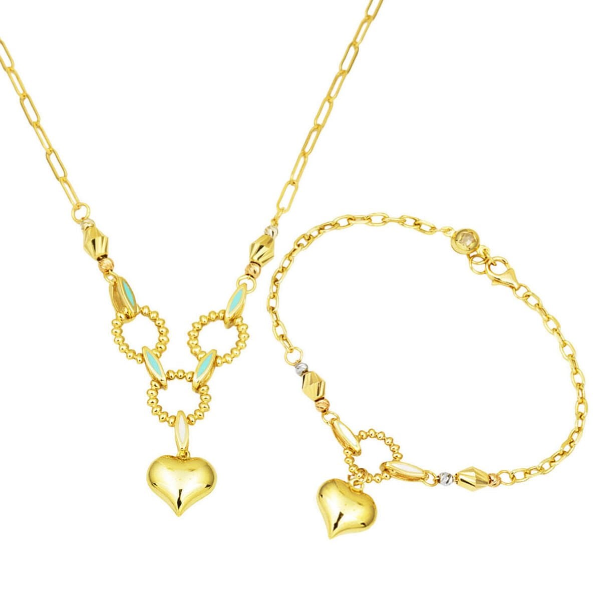 14K Yellow Gold Heart Motif Turquoise Necklace & Bracelet Set