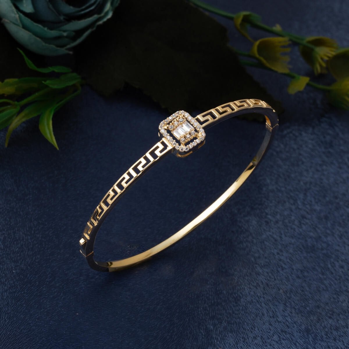14K Yellow Gold Designer Inspired Baguette Cubic Zirconia Hinged Cuff Bangle