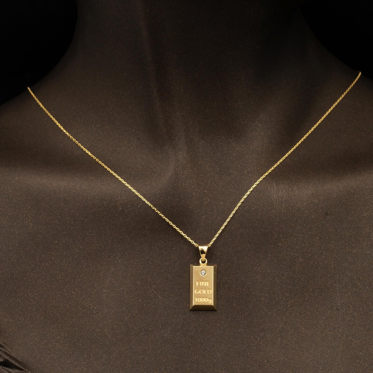 14K Yellow Gold Solitaire Gold Bar Cubic Zirconia Chain Necklace