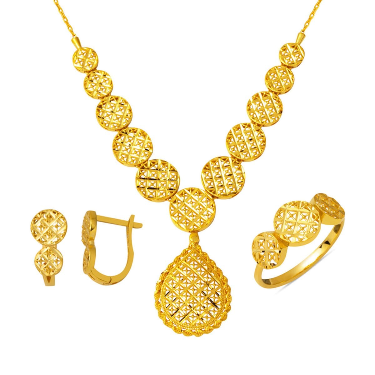 22K Yellow Gold Teardrop Mesh Design Jewelry Set