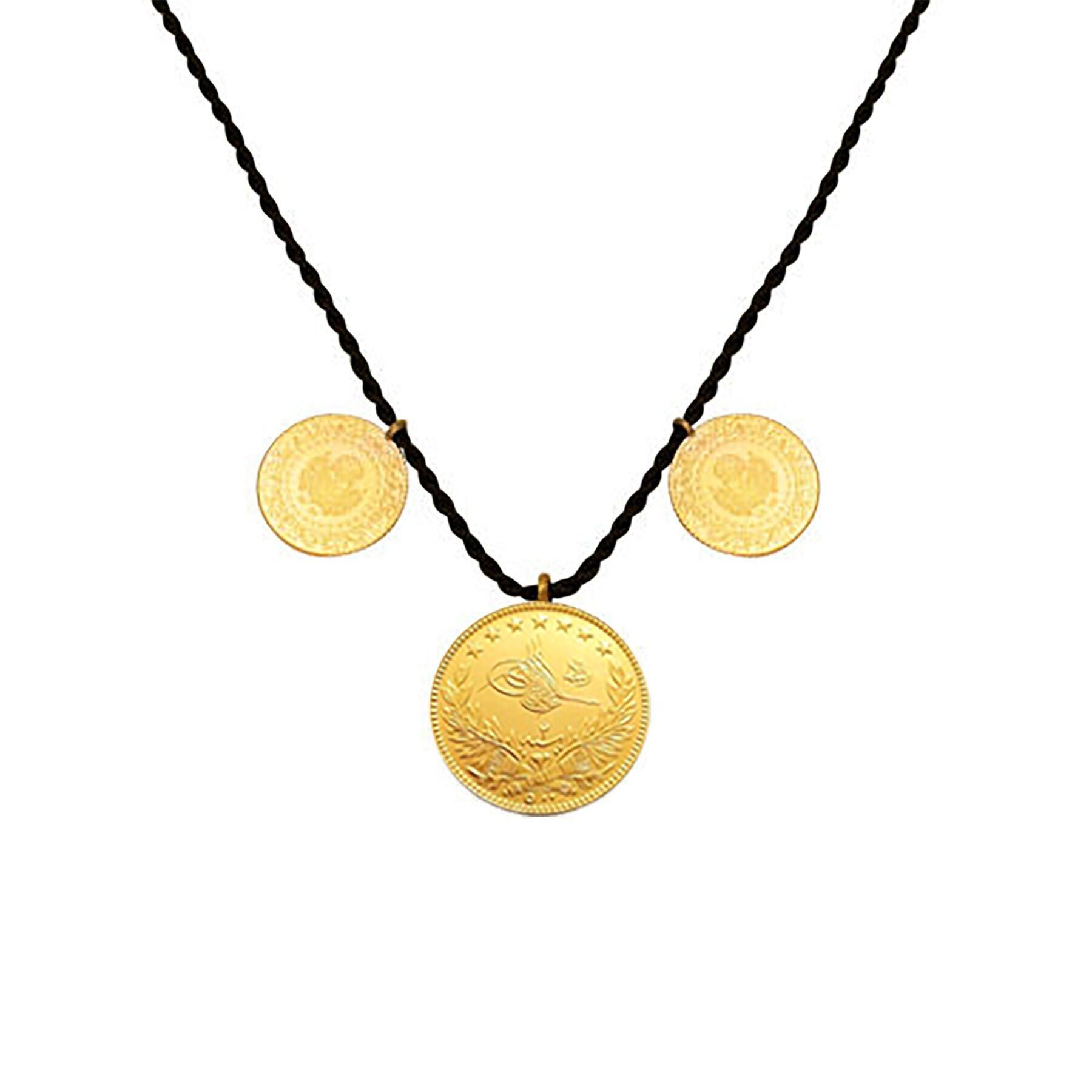 22K Yellow Gold Ottoman Resat Coin and Quarter Coin Cord Necklace