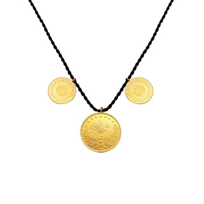 22K Yellow Gold Ottoman Resat Coin and Quarter Coin Cord Necklace