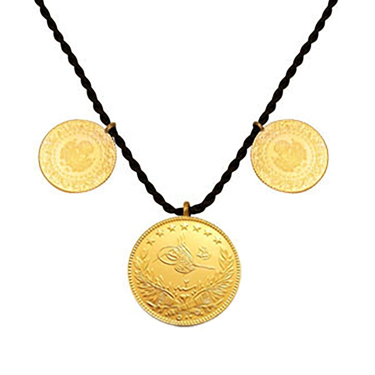 22K Yellow Gold Ottoman Resat Coin and Quarter Coin Cord Necklace