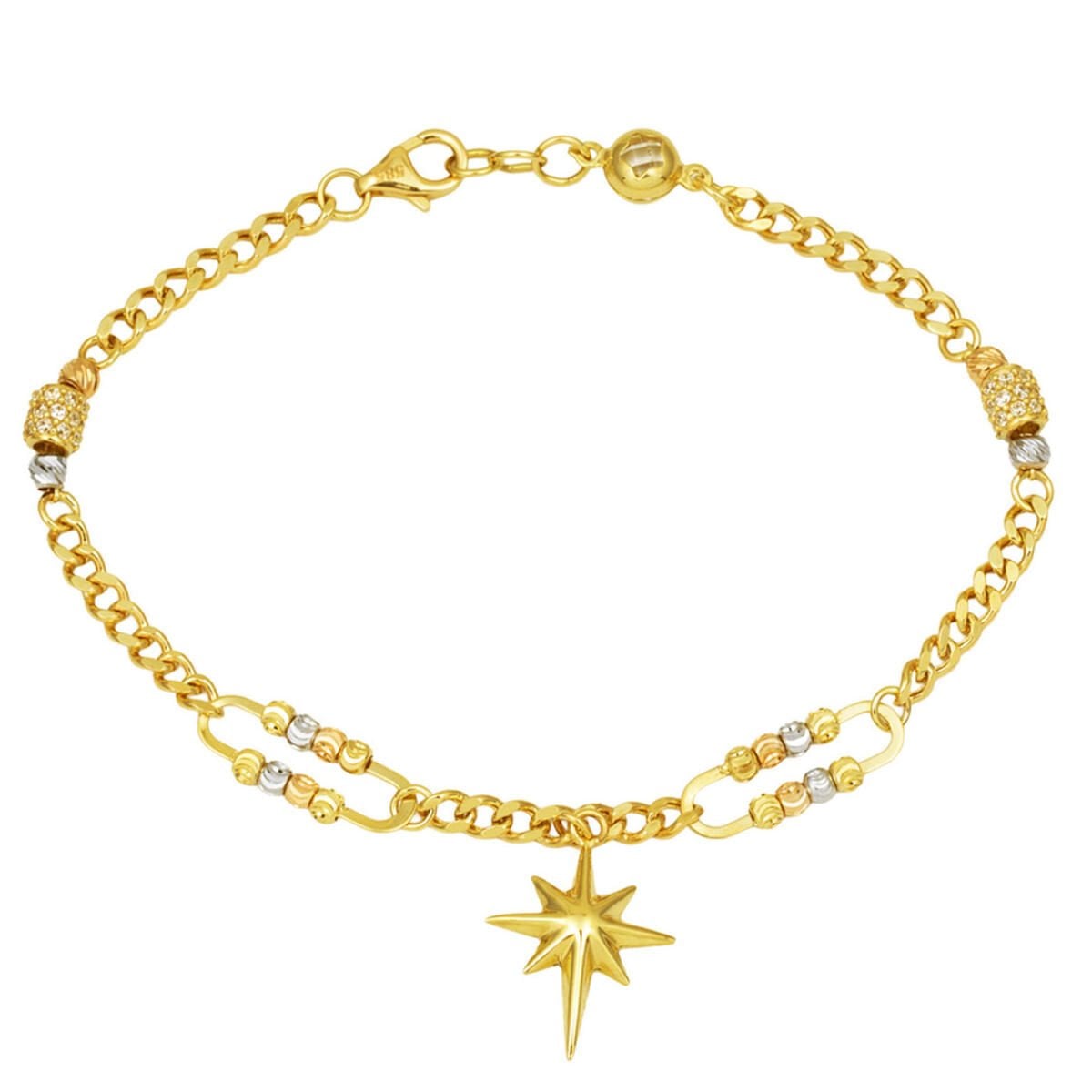 14K Yellow Gold Curb Chain North Star Cubic Zirconia Bracelet