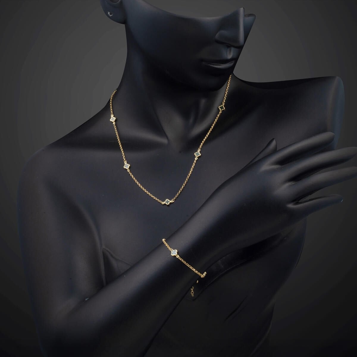 14K Yellow Gold Emerald Green Designer Inspired Onyx Necklace and Bracelet Set
