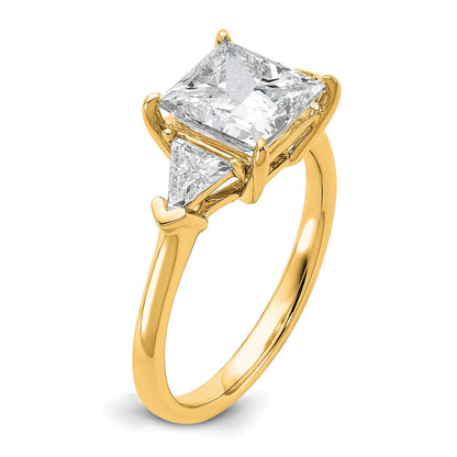 14K Yellow Gold 5/8 carat Lab Grown Diamond VS+ F+ Trillion and 2 1/2 carat Princess Center Semi Mount Three Stone Engagement Ring