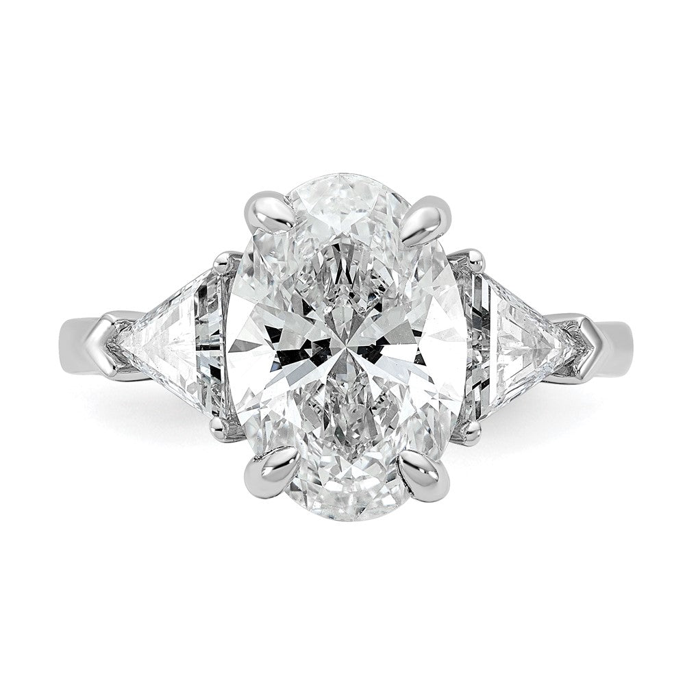 14K White Gold 1 1/8 carat Lab Grown Diamond VS+ F+ Trillion and 3 carat Oval Center Semi Mount Three Stone Engagement Ring