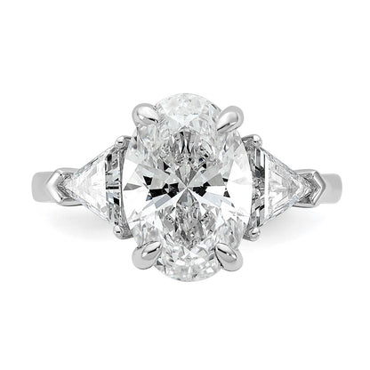 14K White Gold 1 1/8 carat Lab Grown Diamond VS+ F+ Trillion and 3 carat Oval Center Semi Mount Three Stone Engagement Ring