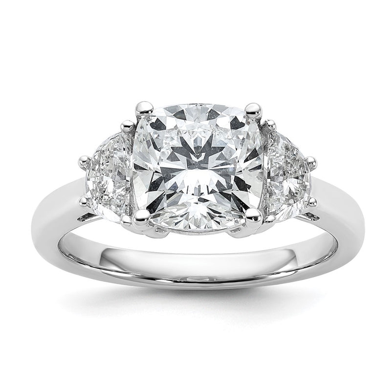 14K White Gold 5/8 carat Lab Grown Diamond VS/SI+ G+ Half Moon and 2 1/2 carat Cushion Center Semi Mount Three Stone Engagement Ring