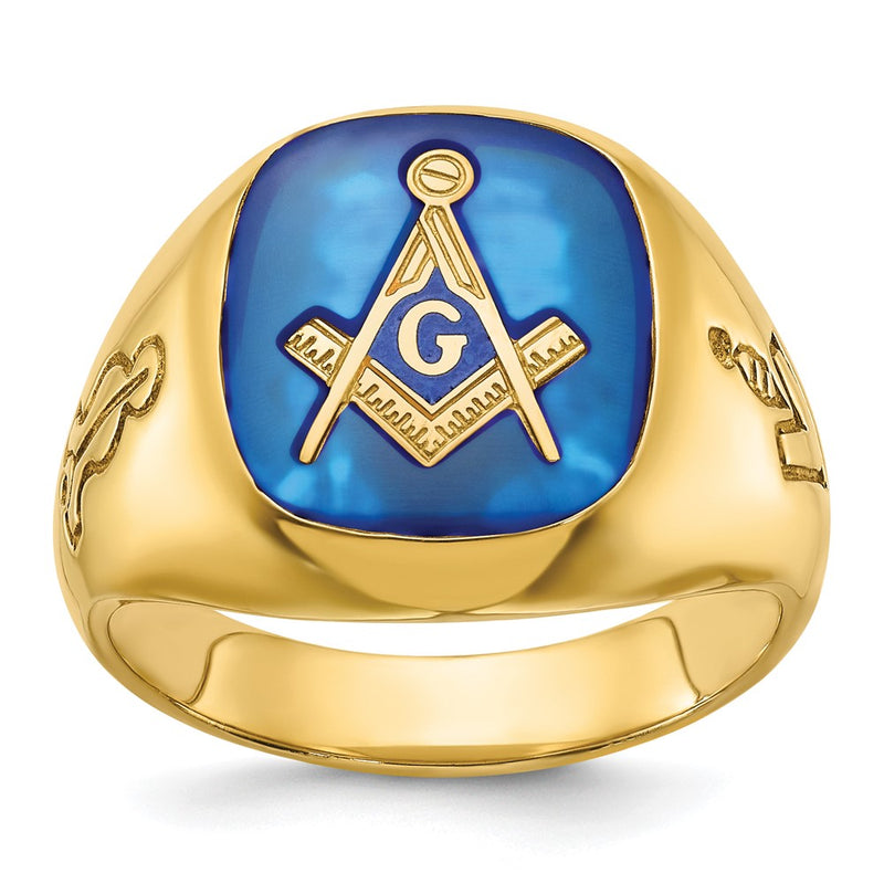 IBGoodman 14K Men's Polished and Grooved with Lab Created Sapphire Blue Lodge Master Masonic Ring