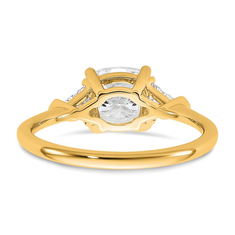 14K Yellow Gold 1/2 carat Lab Grown Diamond VS+ F+ Triangle 1 1/2 carat Cushion Center Semi Mount Three Stone Engagement Ring
