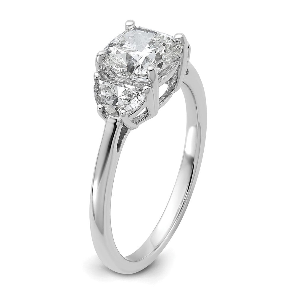 14K White Gold 2 carat Certified Lab Grown Diamond VS+ F+ Complete Cushion and Half Moon Three Stone Engagement Ring