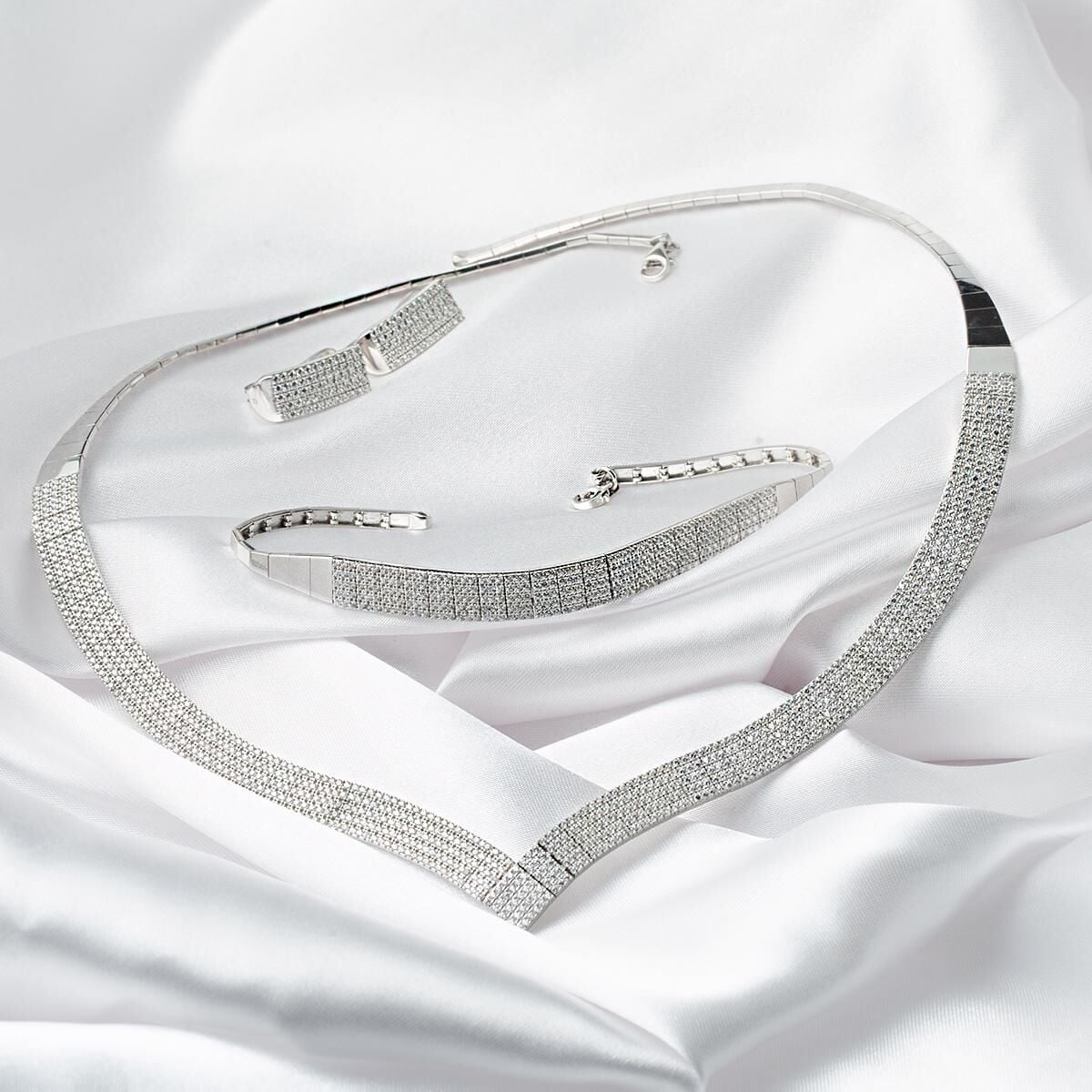 14K White Gold Chevron 5 Row Tennis Cubic Zirconia Set