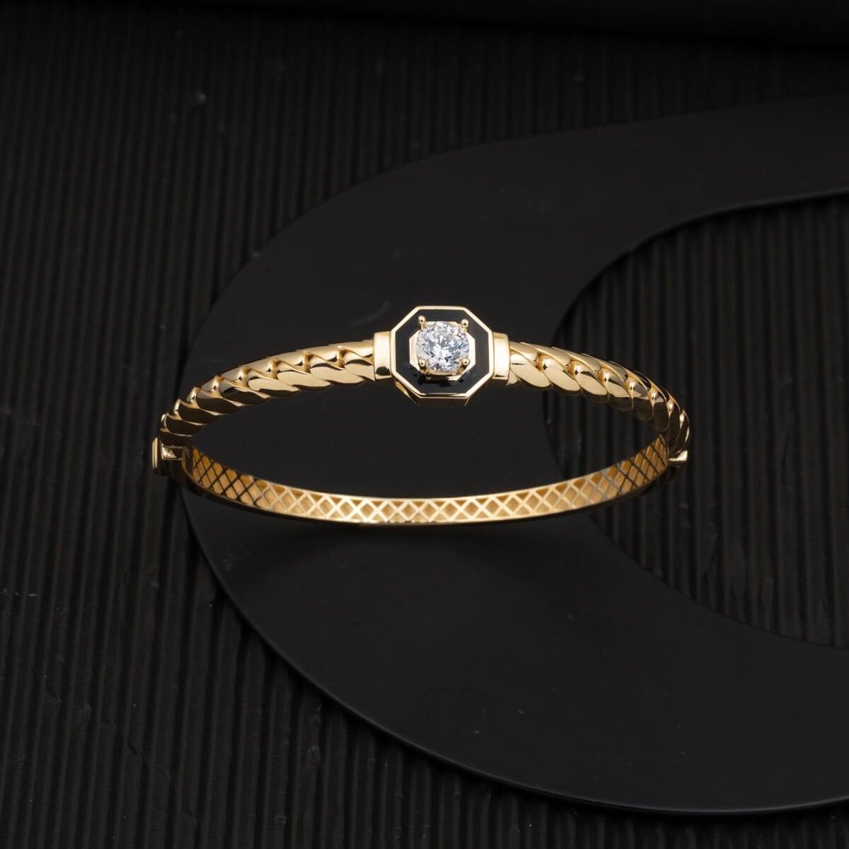 14K Yellow Gold Cagla Curb Link Cubic Zirconia Hinged Cuff Bracelet
