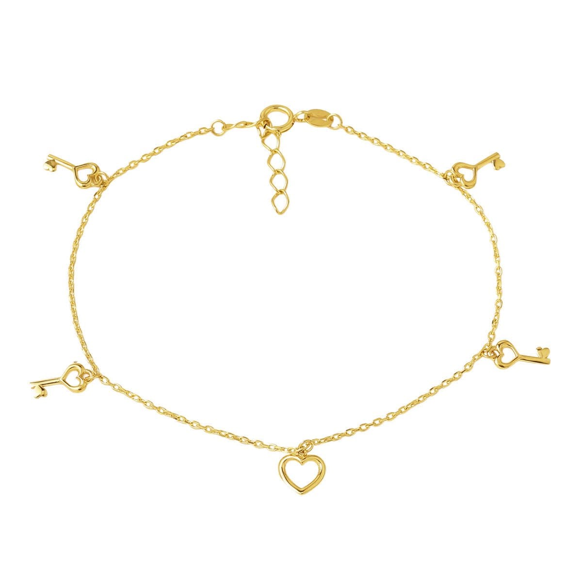14K Yellow Gold Lucky Heart and Key Charm Bracelet