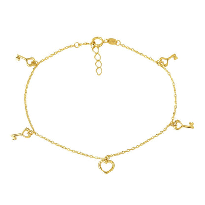14K Yellow Gold Lucky Heart and Key Charm Bracelet