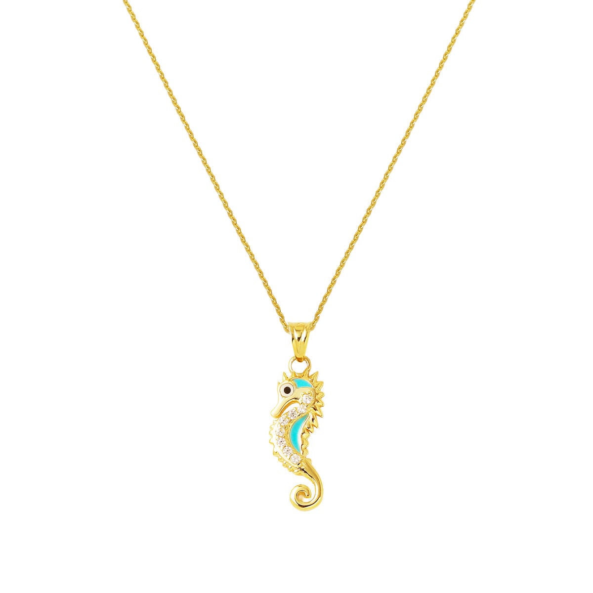 14K Yellow Gold Sea Horse Enamel Cubic Zirconia Necklace