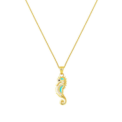 14K Yellow Gold Sea Horse Enamel Cubic Zirconia Necklace