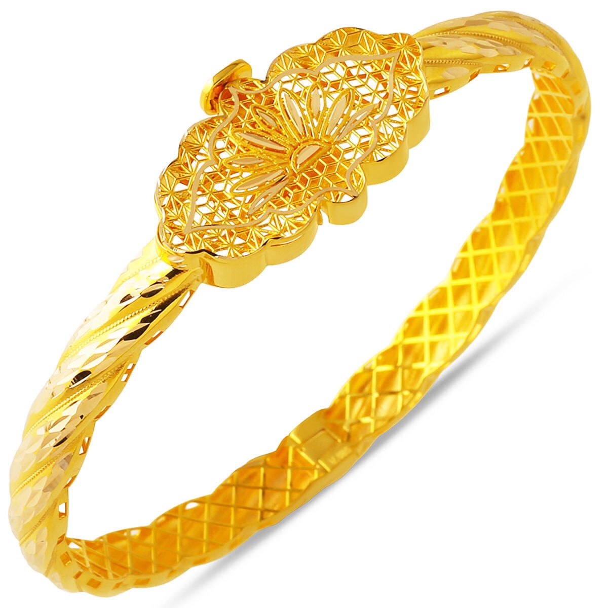 14K Yellow Gold Ornate Indian Style Hinged Cuff Bangle