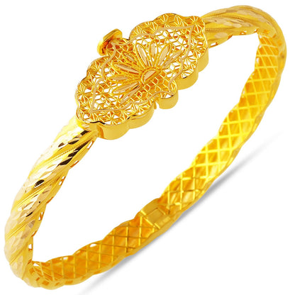 14K Yellow Gold Ornate Indian Style Hinged Cuff Bangle