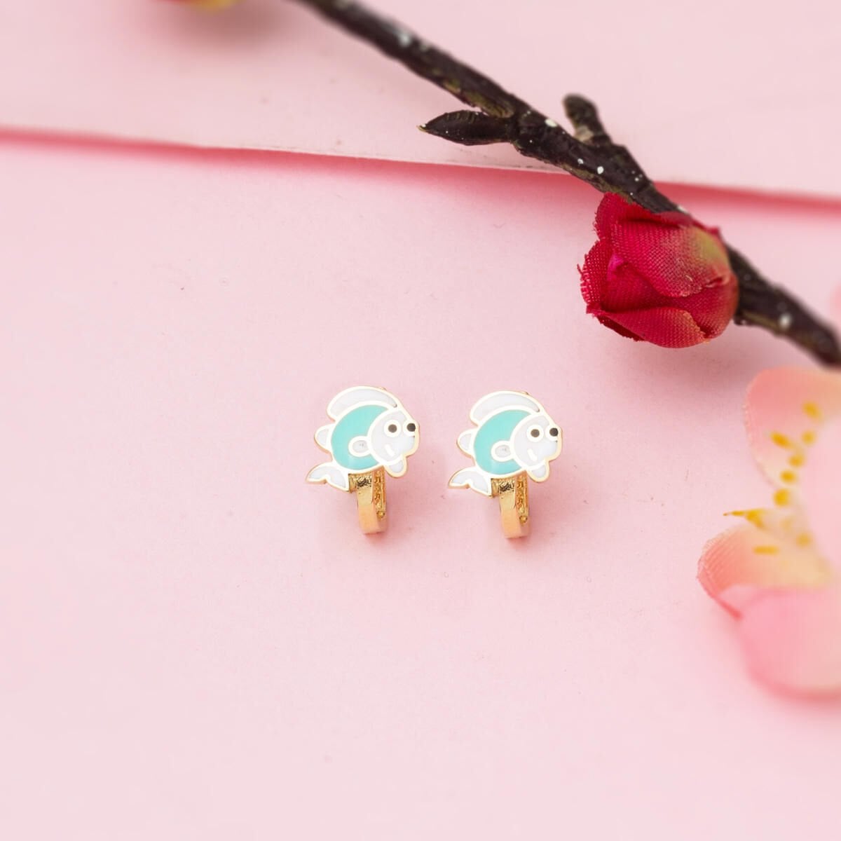 14K Yellow Gold Fish Enamel Children's Earrings