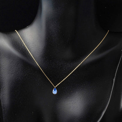 14K Yellow Gold Navy Blue Teardrop Cubic Zirconia Necklace (1.42 g)