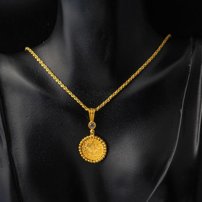 14K Yellow Gold Quarter Coin Ottoman Resat Coin Cubic Zirconia Necklace