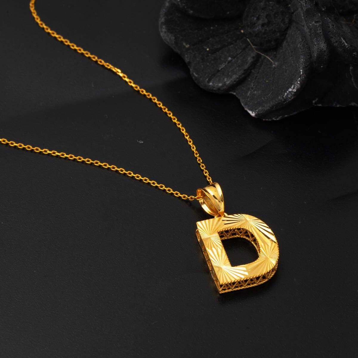 22K Yellow Gold Initial D Three Dimensional Necklace