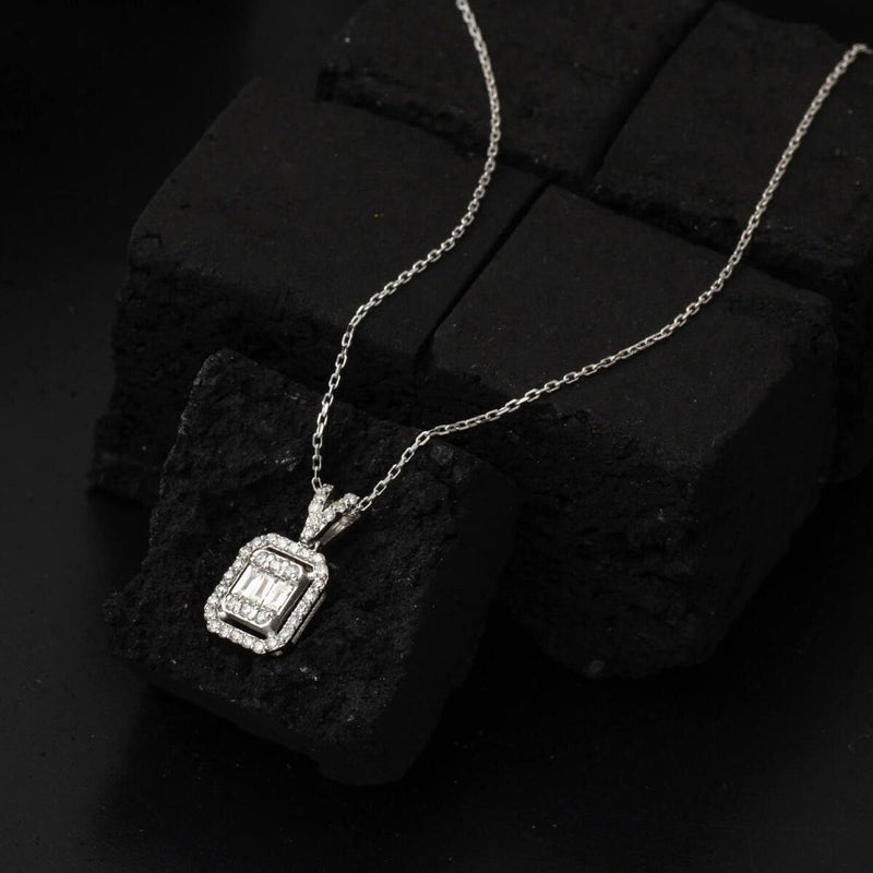 14K White Gold 0.90 Ct Baguette Diamond Necklace and Earrings Set