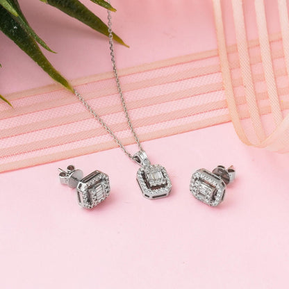 14K White Gold 0.67 Ct Baguette Diamond Necklace Earrings Set